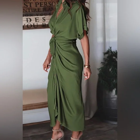 NEW Women Elegant Satin Button Down Short Sleeve Maxi Shirt Dress with Belt - Picture 3 of 9